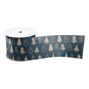 Gold Christmas Trees Midnight Blue  Satin Ribbon