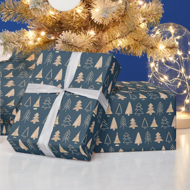 Gold Christmas Trees Midnight Blue Wrapping Paper (Holidays)