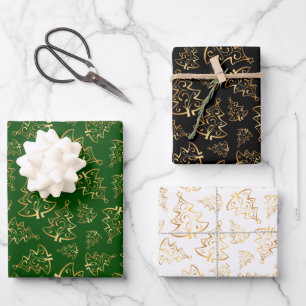 Gold Christmas Trees on Green, Black, White Wrapping Paper Sheet