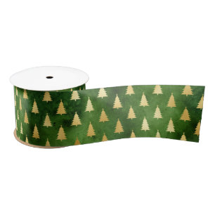 Gold Christmas Trees on Green Satin Ribbon