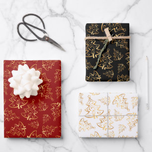 Gold Christmas Trees on Red, Black, White Wrapping Paper Sheet