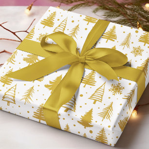 Gold Christmas Trees Snowflakes White Pattern Wrapping Paper