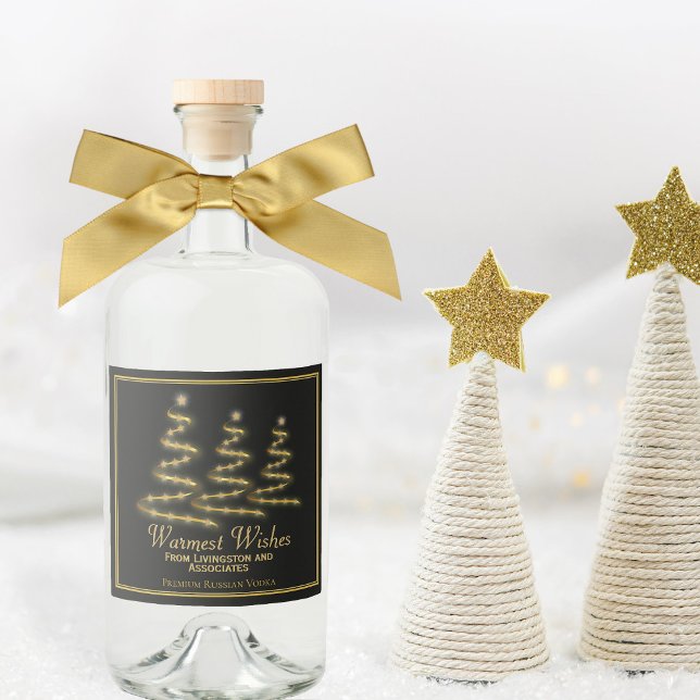 Gold Christmas Trees Warmest Wishes Holiday Liquor Bottle Label (In Situ with Bow & Decor)