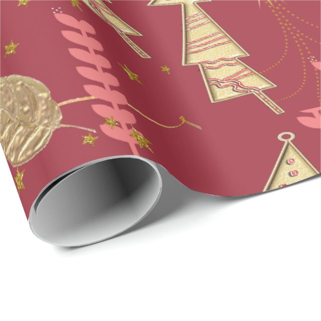 Gold Christmas Trees Wrapping Paper Burgundy (Roll Corner)