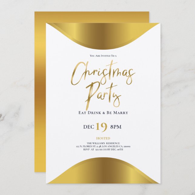 Gold Christmas typography dinner party invite (Front/Back)