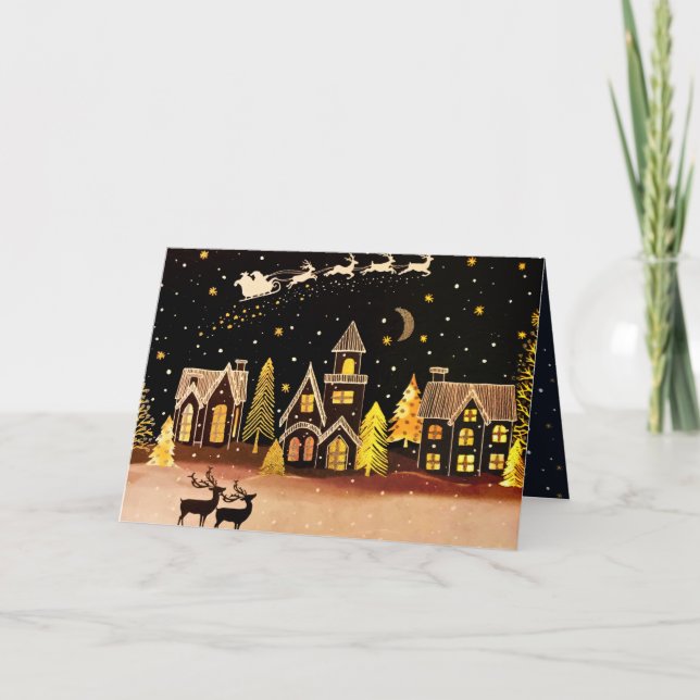 Gold Christmas Village Deer Winter Night Holiday Card (Front)