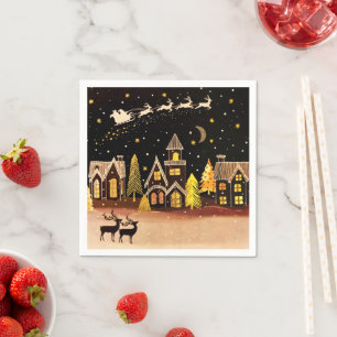 Gold Christmas Village Deer Winter Night Napkin