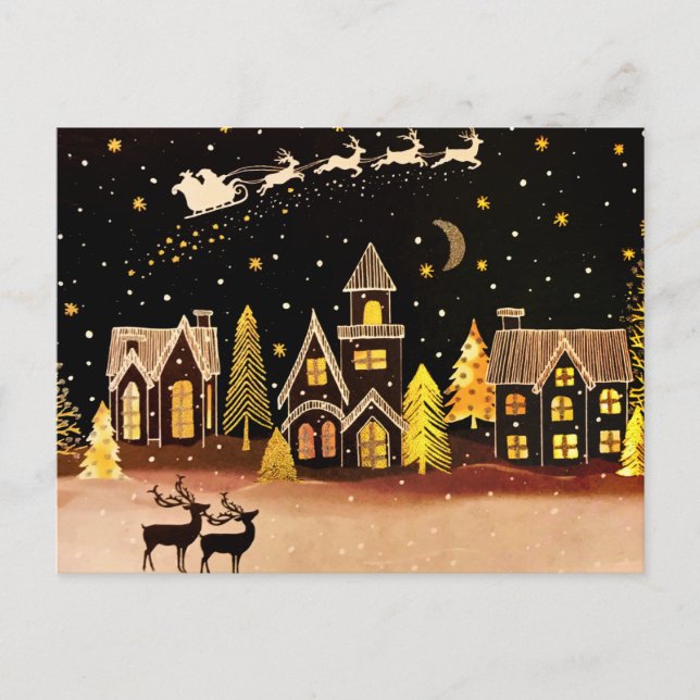 Gold Christmas Village Deer Winter Night Postcard (Front)