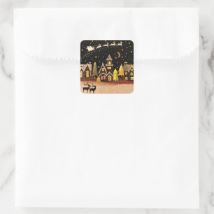 Gold Christmas Village Deer Winter Night Square Sticker