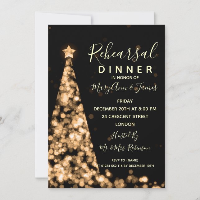 Gold Christmas Wedding Rehearsal Dinner Invitation (Front)