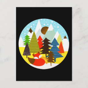 Gold Christmas Winter Baby Fox Pine Forest Holiday Postcard