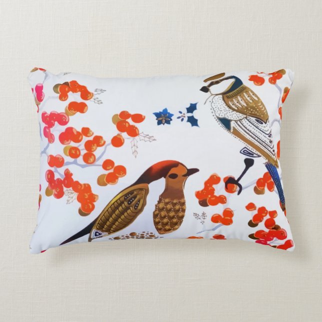 Gold Christmas Winter Birds Holly Berries Branches Decorative Cushion (Front)