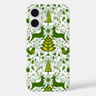 Gold Christmas Woodland Deer Birds in Bloom iPhone 16 Case