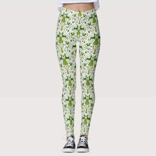 Gold Christmas Woodland Deer Birds in Bloom Leggings (Front)