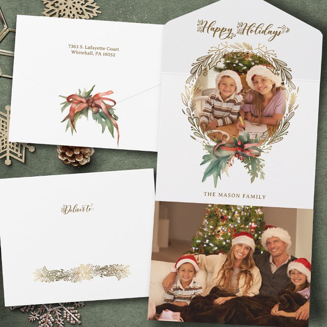 Gold Christmas Wreath Happy Holidays Script Photo All In One Invitation (Creator Uploaded)