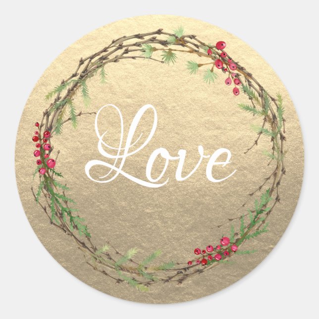 Gold Christmas Wreath Love Classic Round Sticker (Front)