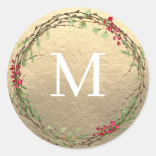 Gold Christmas Wreath Monogram Seal