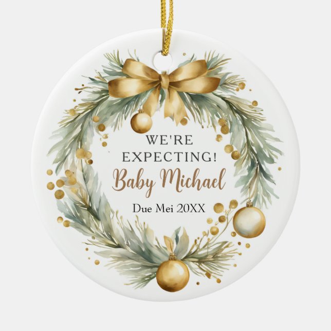 Gold Christmas Wreath Ornament We're Expecting (Front)