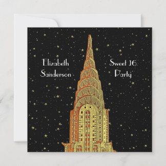 Gold Chrysler Bldg Skyline #2 Starry Sweet 16 SQ Invitation