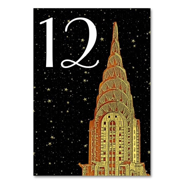 Gold Chrysler Building Skyline #2 DIY Starry BG Table Number (Front)