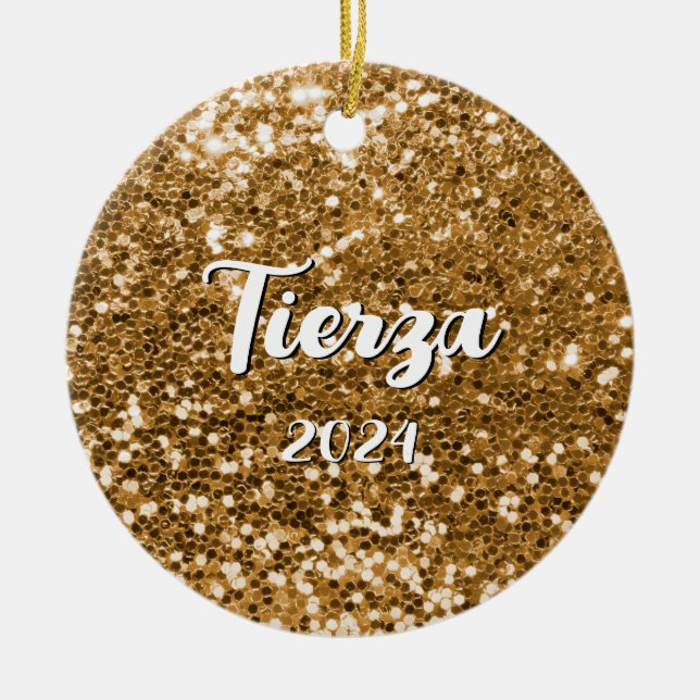 Gold Chunky Glitter Personalised Ceramic Tree Decoration (Front)