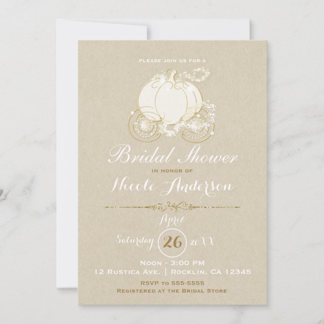 Gold Cinderella Carriage Kraft Modern Bridal Invitation (Front)