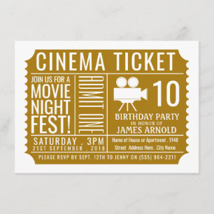 Gold Cinema Ticket , Kid's Movie Birthday Party Enclosure Card