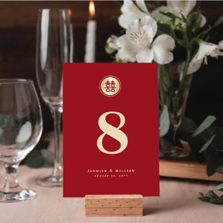 Gold Circle Double Happiness Red Chinese Wedding Table Number