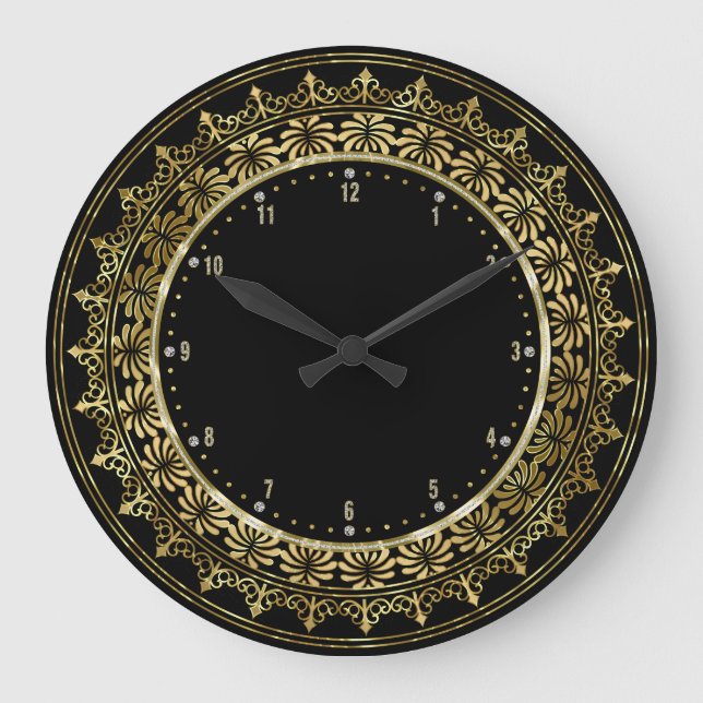 Gold Circle Lace Frame Black Background Large Clock (Front)