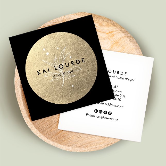 Gold Circle Plant Leaves and Stars  Square  Square Business Card (Creator Uploaded)
