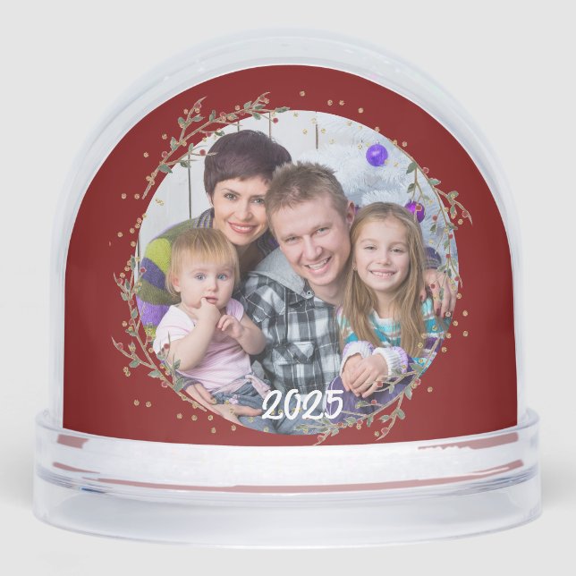 Gold Circle & Warm Red Family Photo Christmas Card Snowglobe (Front)