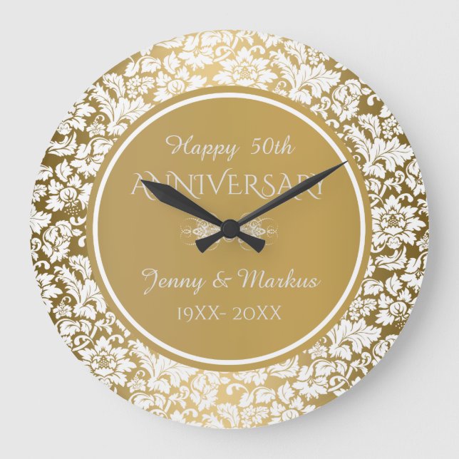 Gold Circle White Damask- 50th Anniversary Large Clock (Front)