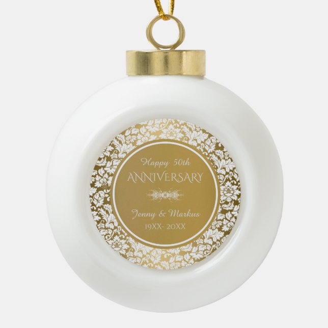 Gold Circles And White Damask- 50th Anniversary Ceramic Ball Christmas Ornament (Front)