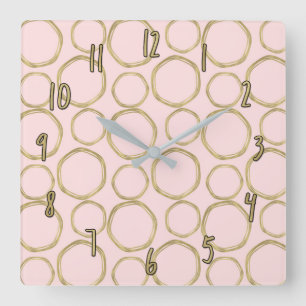 Gold Circles & Blushing Pink Modern Trendy Chic Square Wall Clock