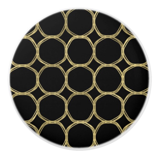 Gold Circles & Chic Black Modern Trendy Mod Ceramic Knob (Front)