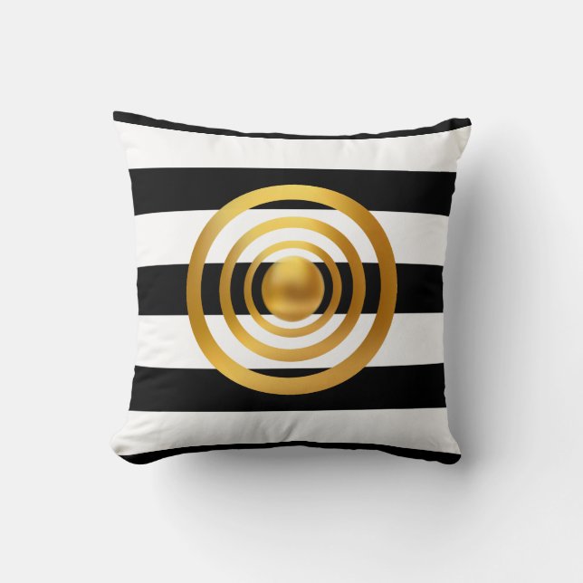 Gold Circles on Black and White Striped Cushion (Front)