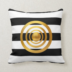 Gold Circles on Black and White Striped Cushion