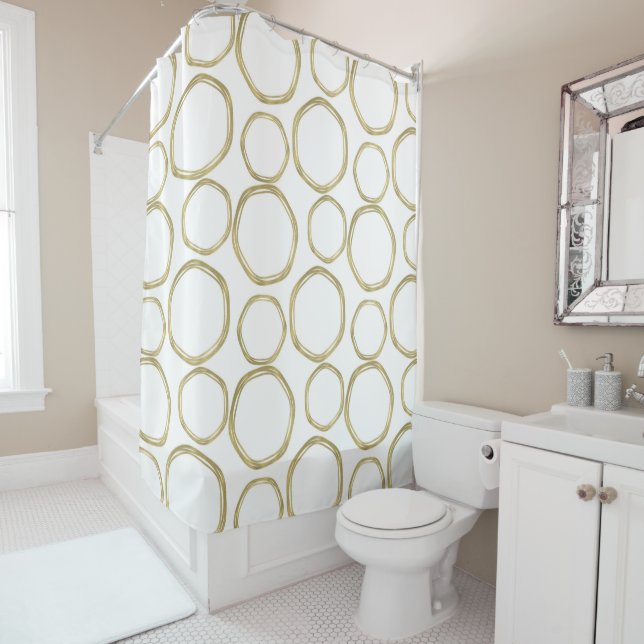Gold Circles On White Modern Shower Curtain (In Situ)