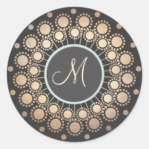 Gold Circles Ornate Monogrammed  Black Classic Round Sticker
