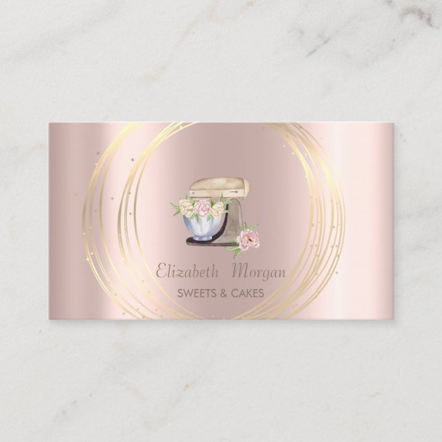 Gold Circles Retro Mixer Flowers Rose Gold Business Card (Front)