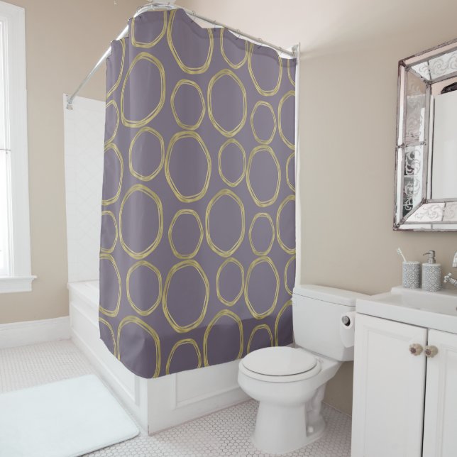Gold Circles & Rustic Taupe Purple Modern Trendy Shower Curtain (In Situ)