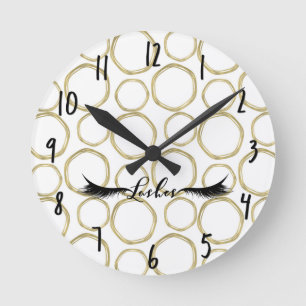 Gold Circles & White Modern Glam Lashes Salon Round Clock