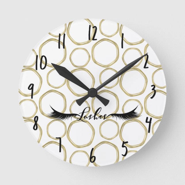 Gold Circles & White Modern Glam Lashes Salon Round Clock (Front)