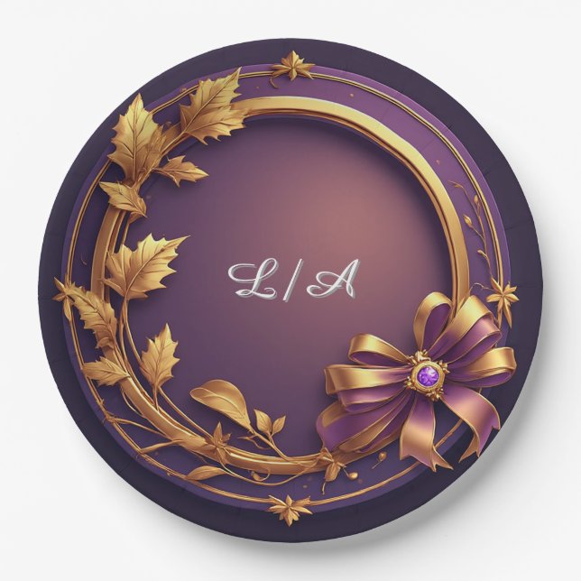 Gold Circular Wreath Frame With Leaves Paper Plate (Front)