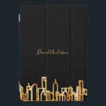 Gold city skyline black business real estate name iPad pro cover<br><div class="desc">A black background,  with a faux gold city skyline as decor. Template for your name,  golden letters. The name is written with a modern and trendy hand lettered style script.
  
Perfect for real estate agents!

This case is also available in our store with a business,  company logo.</div>