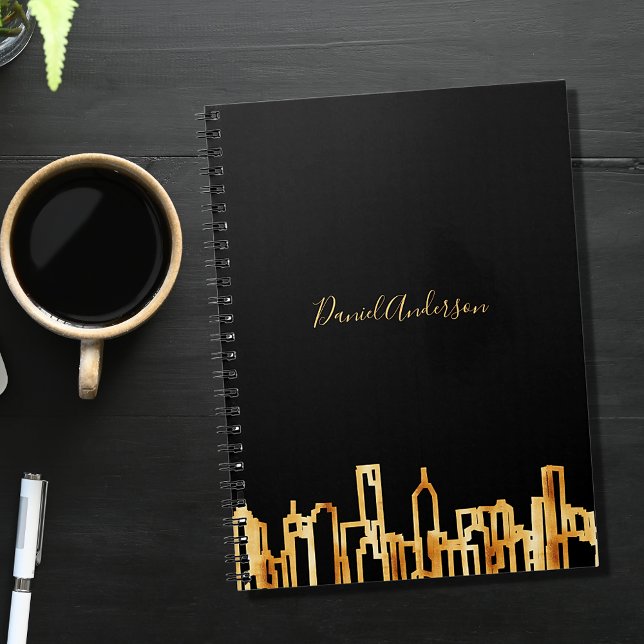 Gold city skyline black professional script notebook (Creator Uploaded)
