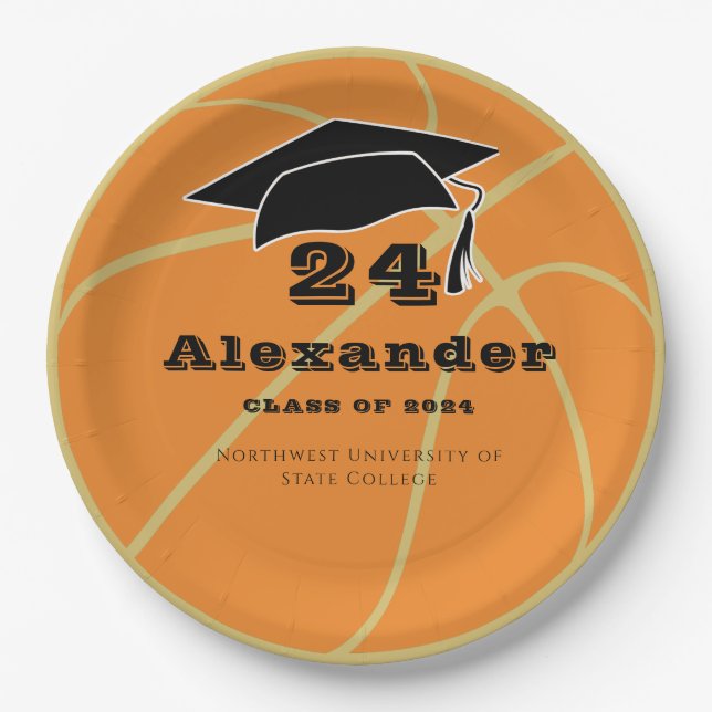 Gold Class of 2022 Basketball Ball Graduation Paper Plate (Front)