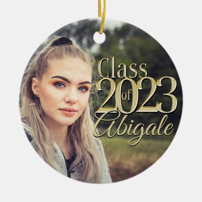 Gold Class of 2023 Graduation Photo  Ceramic Tree Decoration (Front)