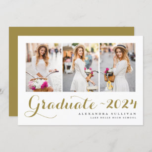 Gold Class of 2024 Photo Collage Graduation Invitation