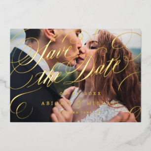 Gold classic calligraphy photo save the date